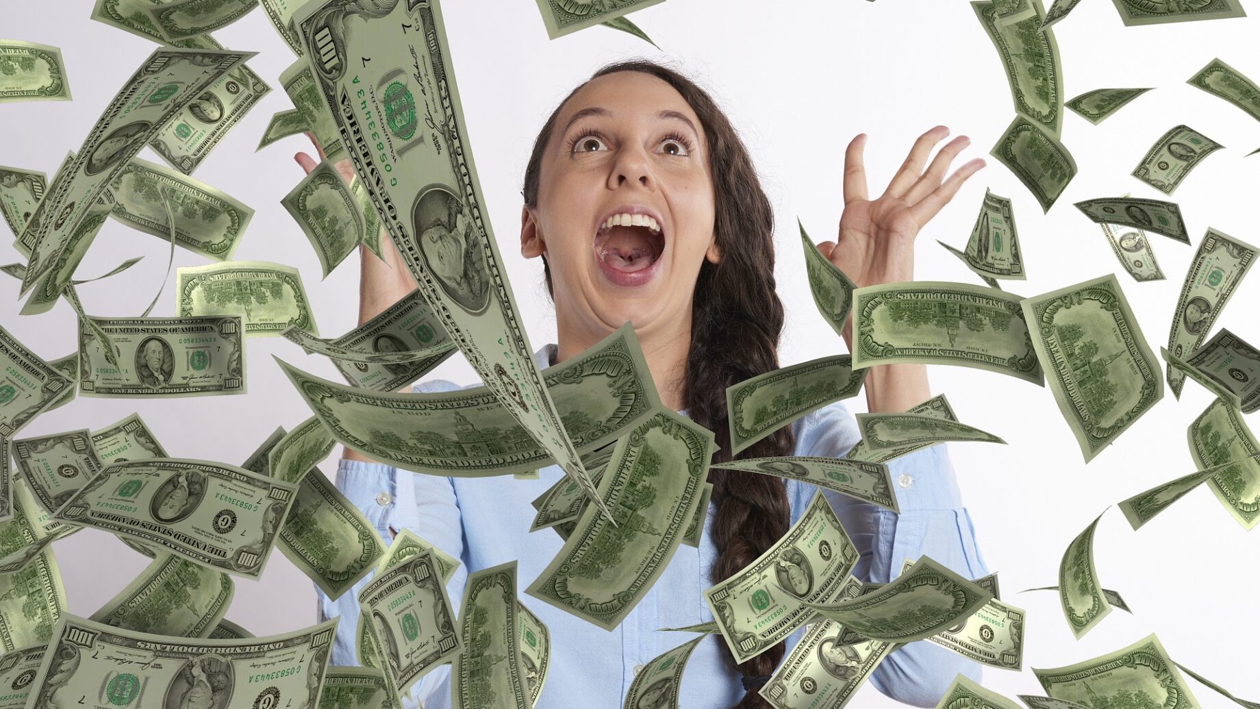 Bills raining on a Jackpot/Lottery winning woman